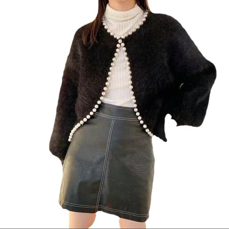 Boncuklu inci kenar kazak örme hırka