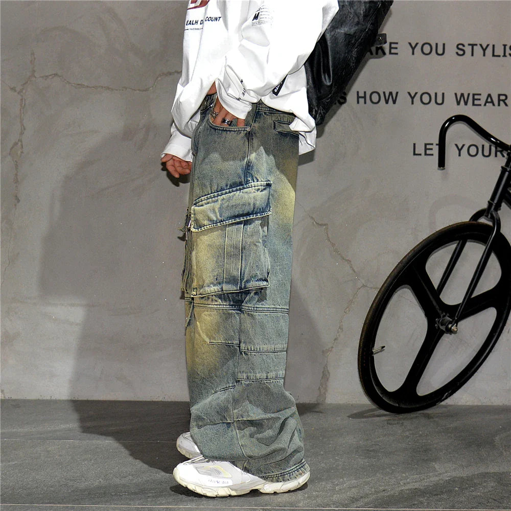 Distressed Denim Cargo Pants