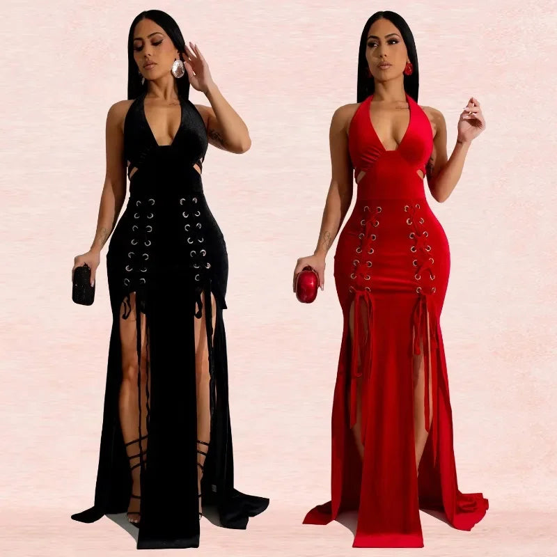 Night Queen Kadife Askılı Bağcık Detaylı Elbise