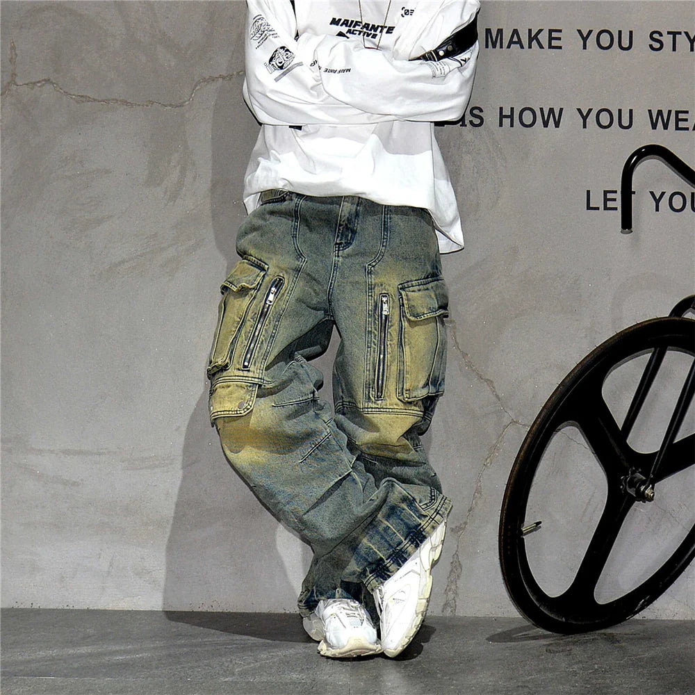 Distressed Denim Cargo Pants