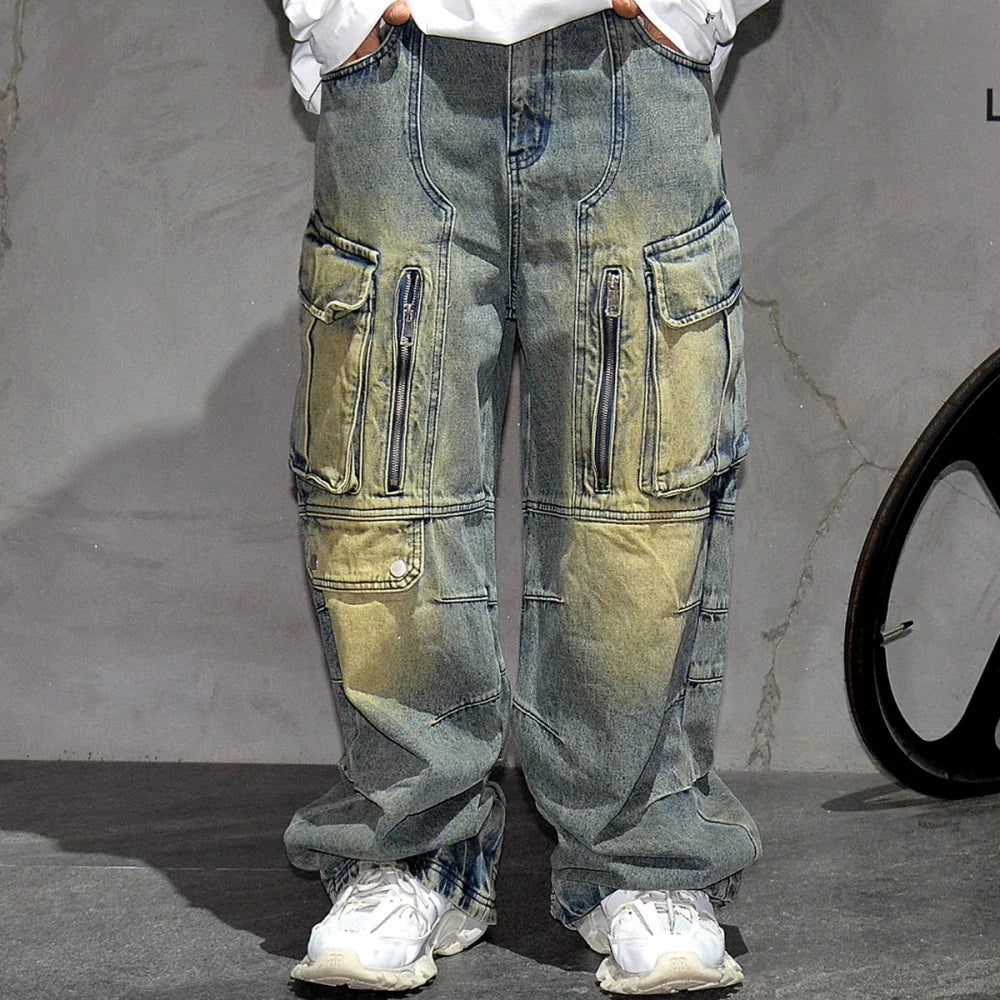 Distressed Denim Cargo Pants