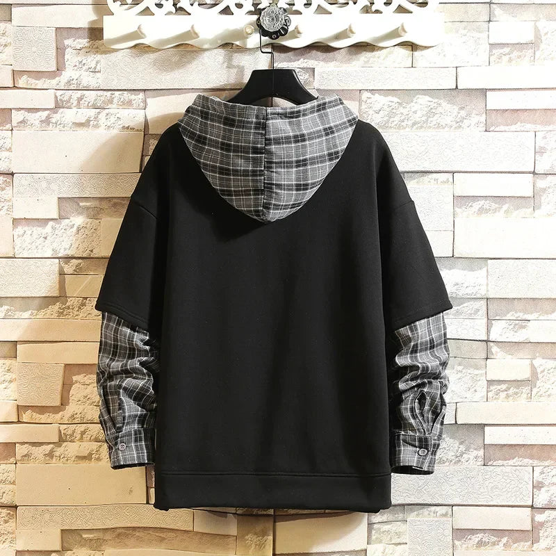Fake Double Shirt Checkered Hoodie