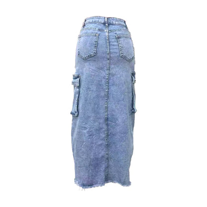 Amaya Peyton Çok Cepli Midi Denim Etek