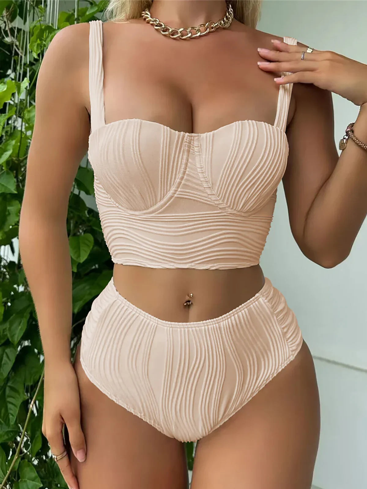 Buruşuk Balenli Yüksek Bel Bikini Takımı