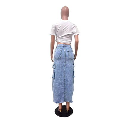 Amaya Peyton Çok Cepli Midi Denim Etek