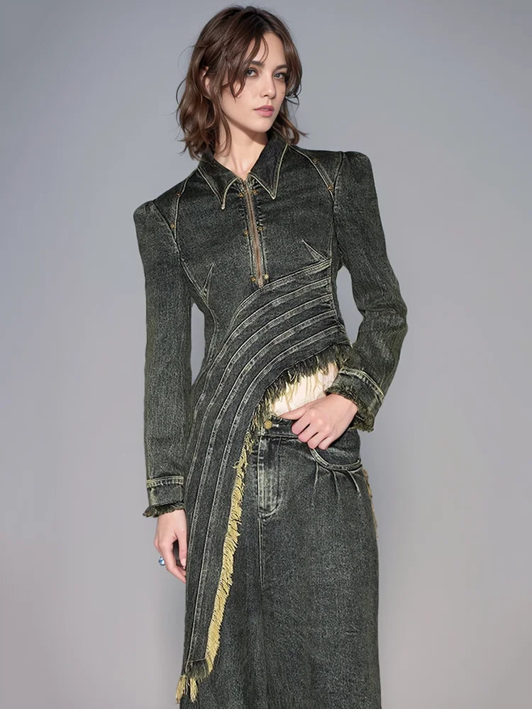 Luzz Yaka Fermuarlı Kısa Patchwork Yıkanmış Püsküllü Retro Ceket