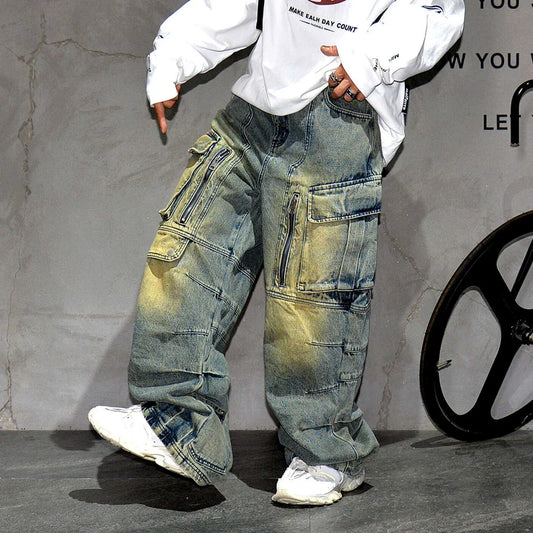 Distressed Denim Cargo Pants