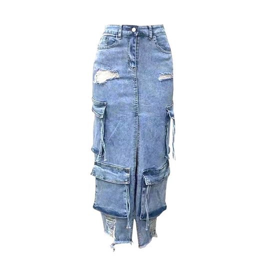 Amaya Peyton Çok Cepli Midi Denim Etek