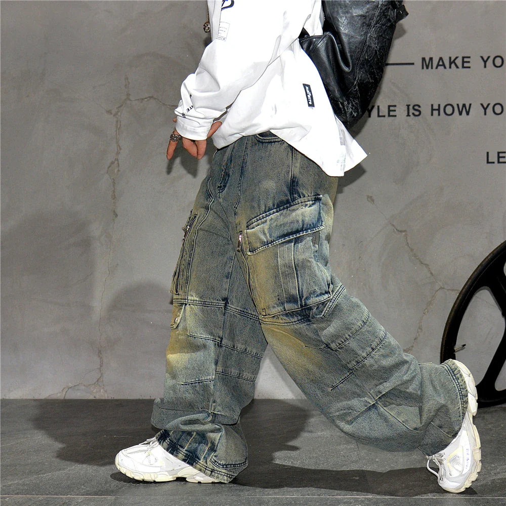 Distressed Denim Cargo Pants