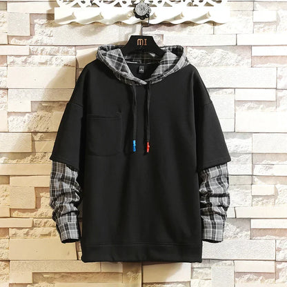 Fake Double Shirt Checkered Hoodie