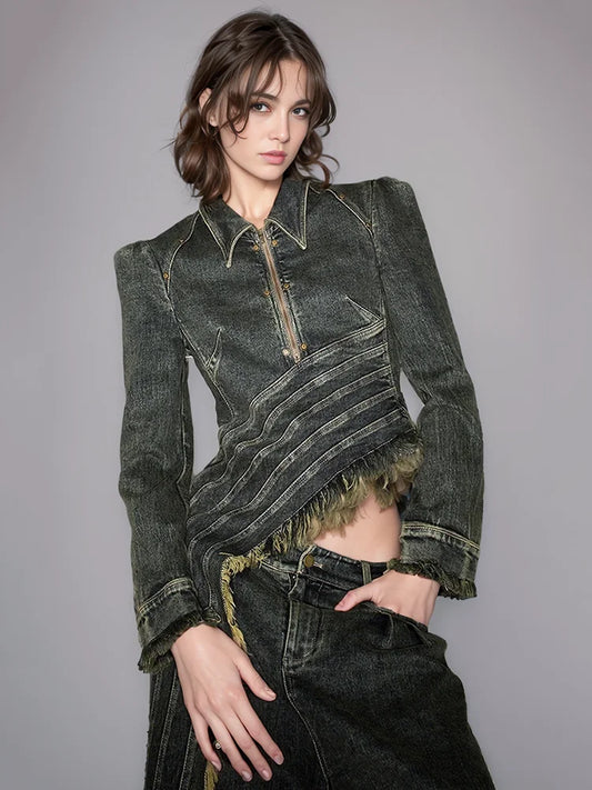 Luzz Yaka Fermuarlı Kısa Patchwork Yıkanmış Püsküllü Retro Ceket