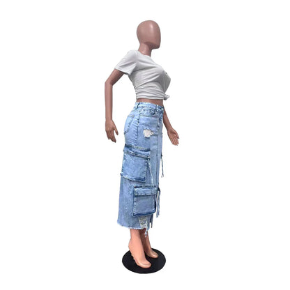 Amaya Peyton Çok Cepli Midi Denim Etek