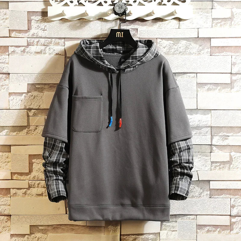 Fake Double Shirt Checkered Hoodie