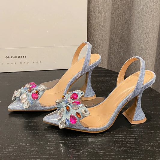 Vixen Rise 9.5 CM Denim Fiyonk ve Taş Detaylı Topuklu Terlik