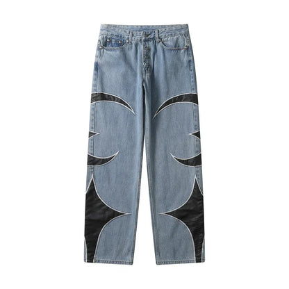 Crescent Embroidery Patchwork Baggy Pants