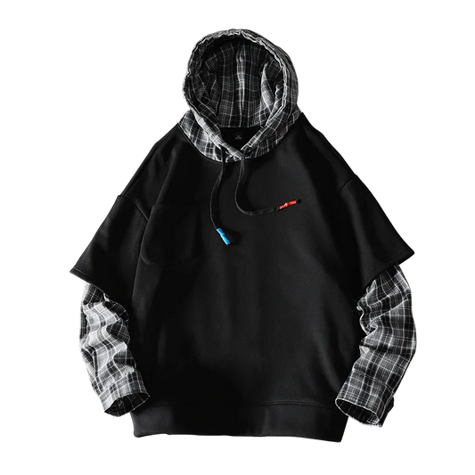 Fake Double Shirt Checkered Hoodie