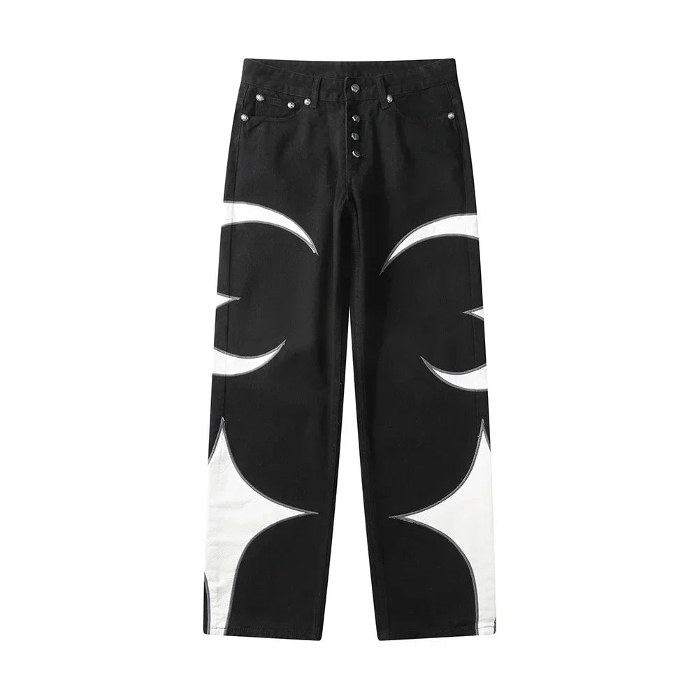 Crescent Embroidery Patchwork Baggy Pants