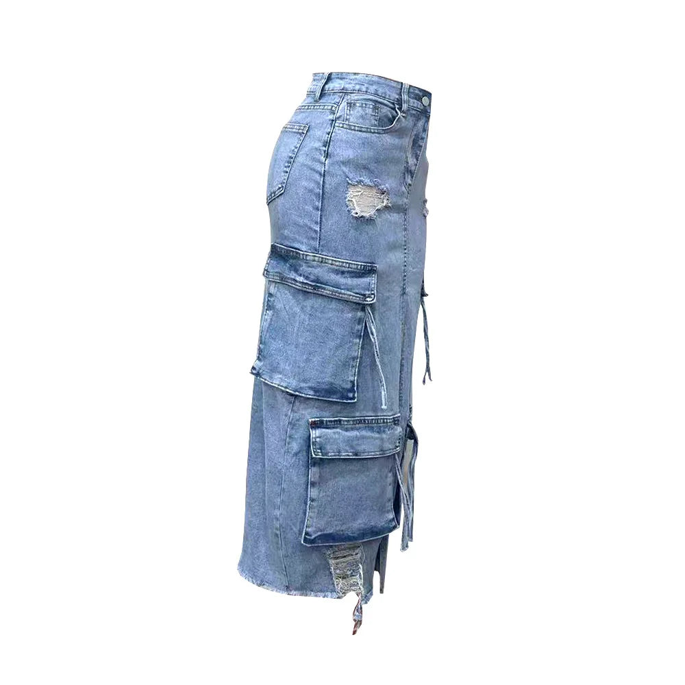 Amaya Peyton Çok Cepli Midi Denim Etek
