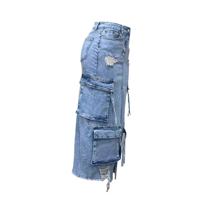 Amaya Peyton Çok Cepli Midi Denim Etek