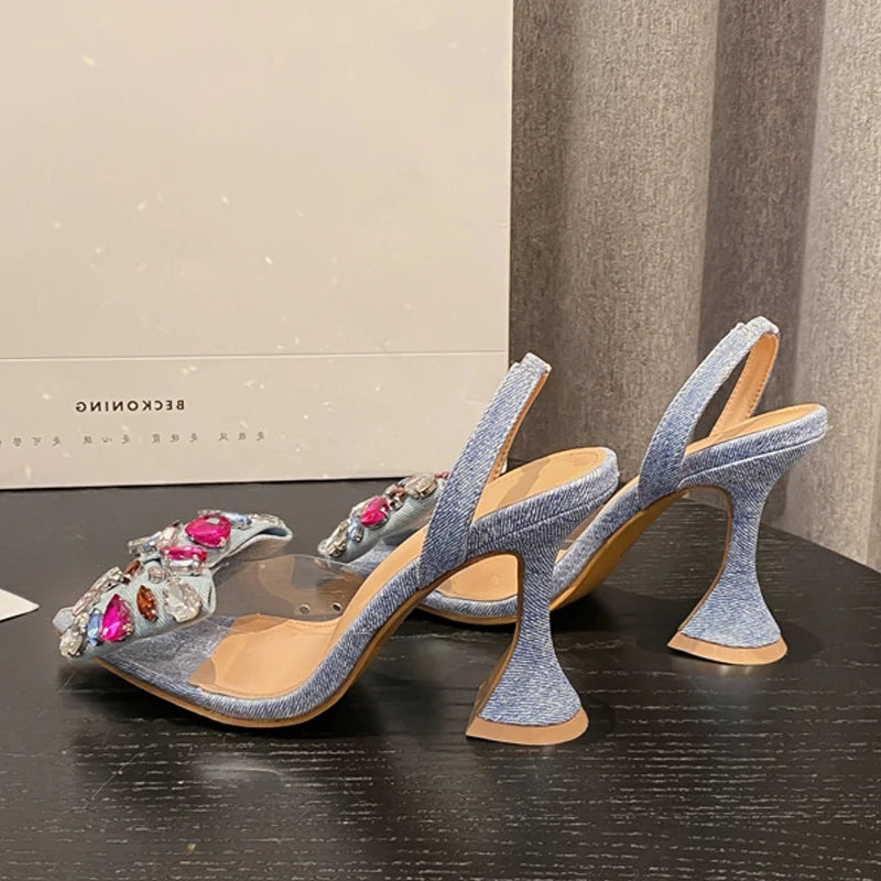 Vixen Rise 9.5 CM Denim Fiyonk ve Taş Detaylı Topuklu Terlik