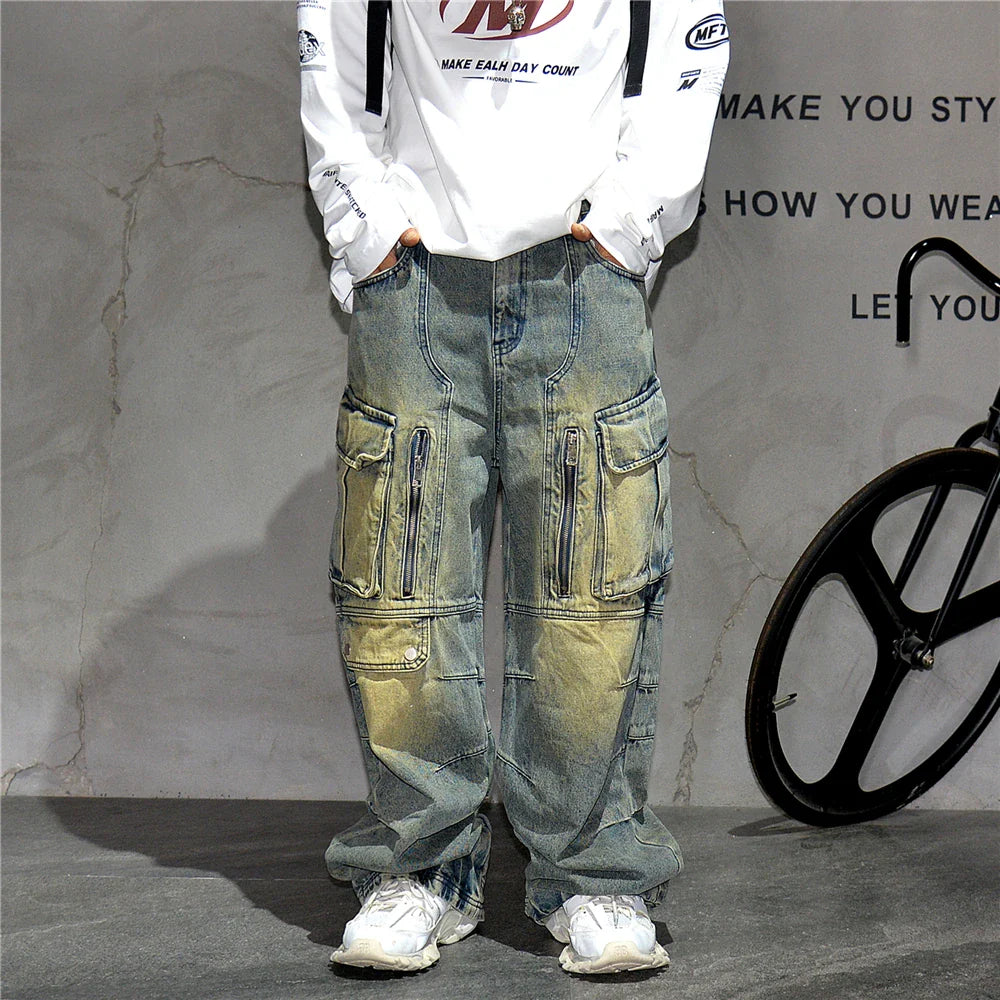Distressed Denim Cargo Pants
