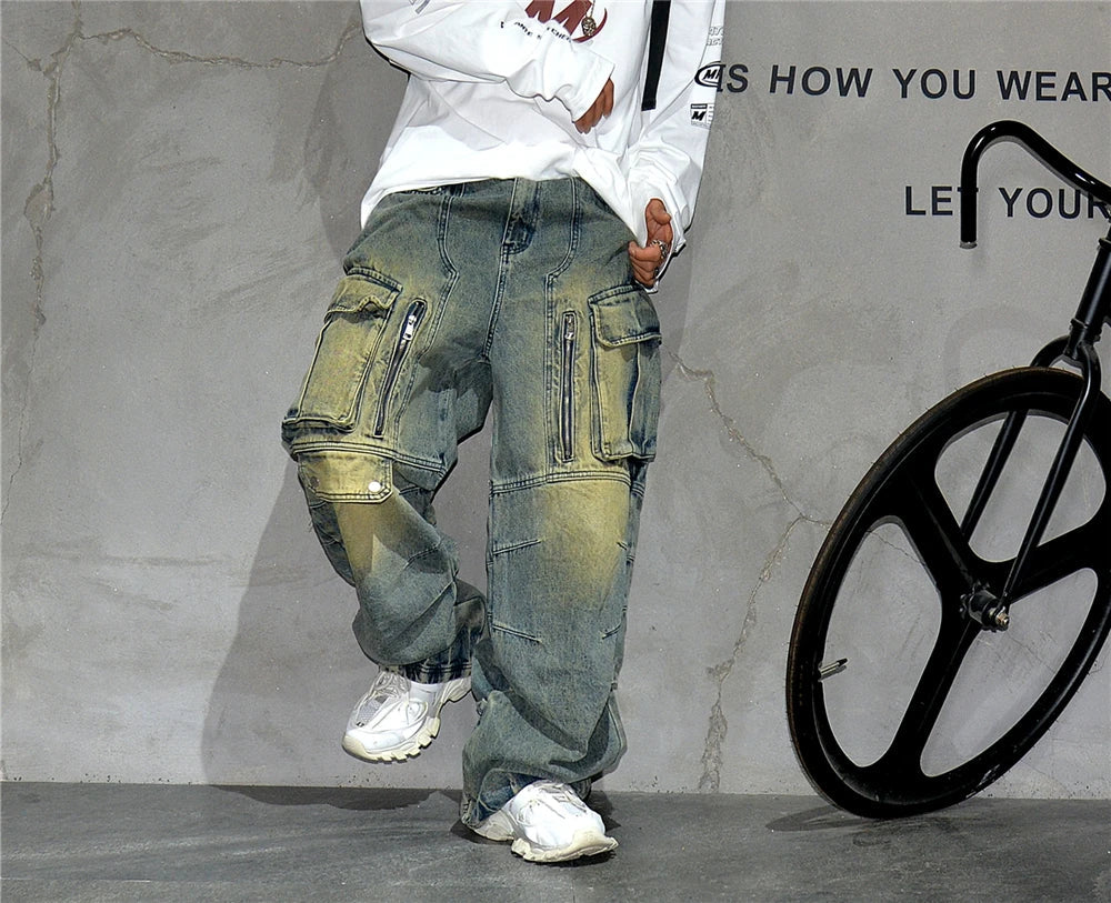 Distressed Denim Cargo Pants