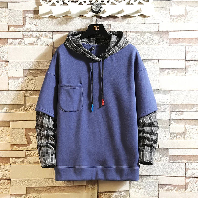 Fake Double Shirt Checkered Hoodie
