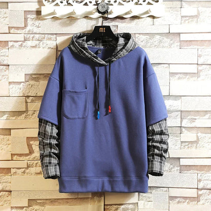 Fake Double Shirt Checkered Hoodie