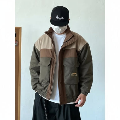 LUZZ Renk Bloklu Dik Yaka Büyük Cepli Pamuklu Mont