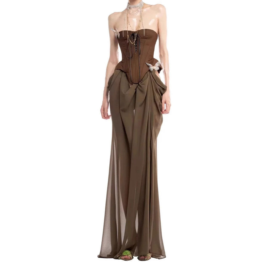 Goddess Me Strapless Corset Cutout Drapeli Uzun Elbise