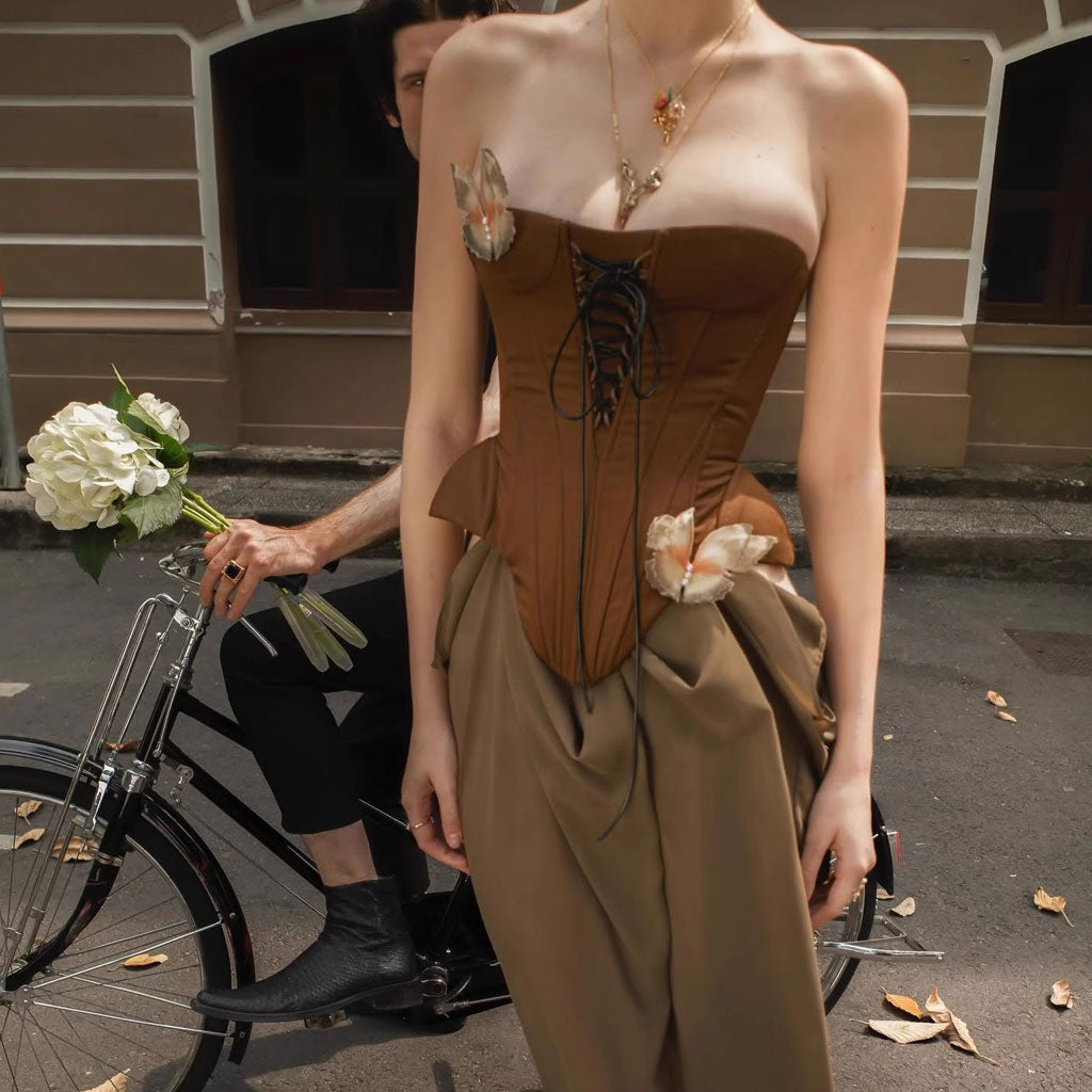 Goddess Me Strapless Corset Cutout Drapeli Uzun Elbise