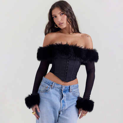 Lavish Faux Fur Uzun Kollu Korse Üst