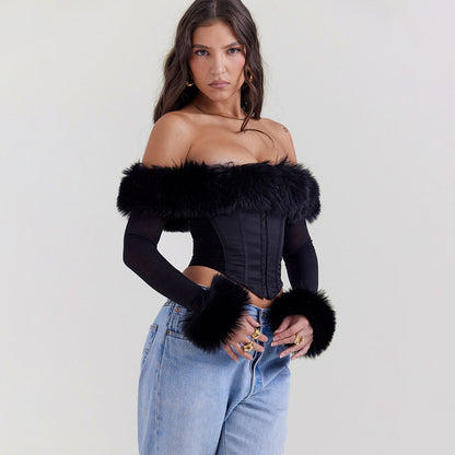 Lavish Faux Fur Uzun Kollu Korse Üst