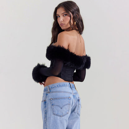 Lavish Faux Fur Uzun Kollu Korse Üst