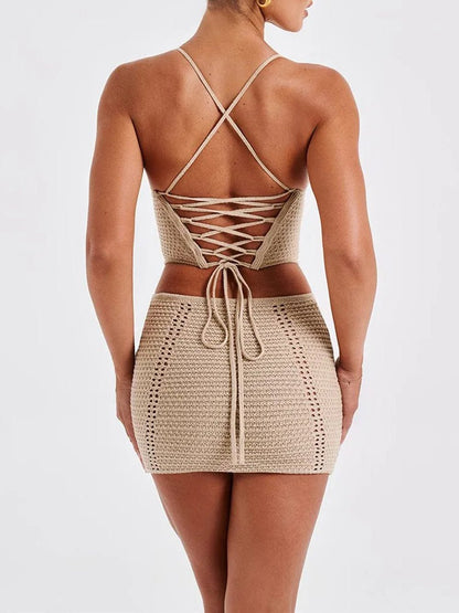 Raven Ledger Sırtı Açık Kolsuz Üst ve Etek Takımı