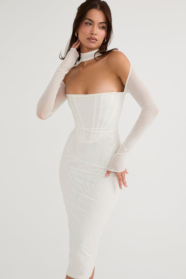 Scarlet Pulse Beyaz Midi Elbise