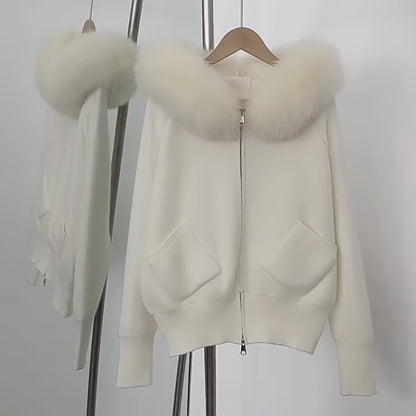 Luzz Fur Touch gerçek tilki kürkü kapüşonlu  örgü hırka