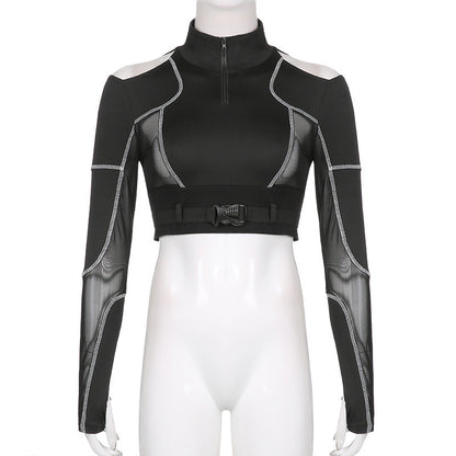 Techwear Mesh Buckle Cropped Long Top