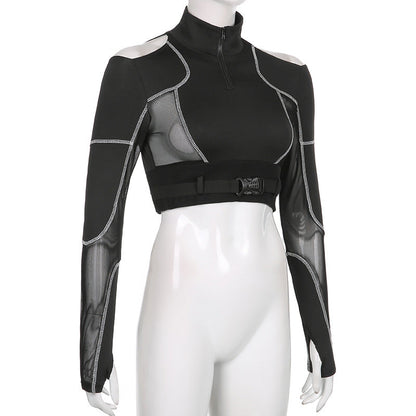 Techwear Mesh Buckle Cropped Long Top